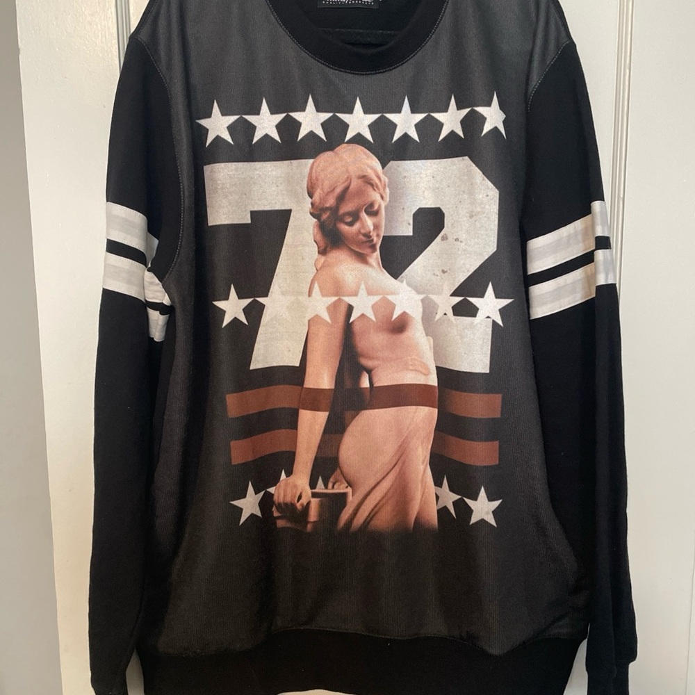 Black Crewneck Sweater with Varsity Stripes and Stars